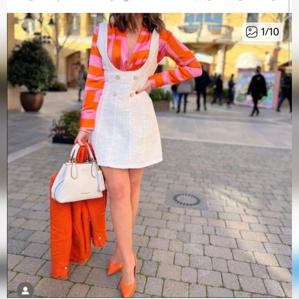 Zara White Textured Pinafore Dress with Rhinestone Buttons